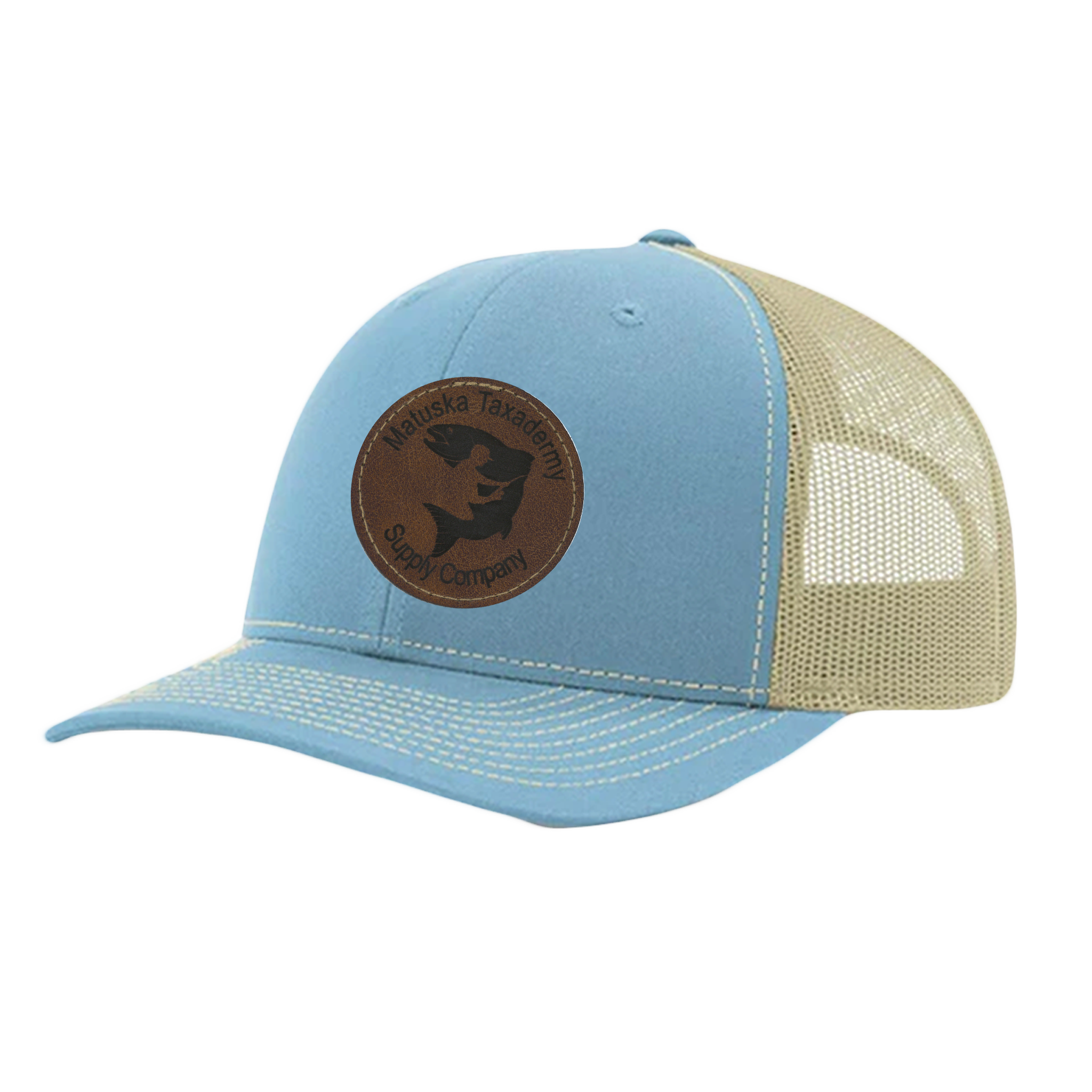 Adjustable Trucker Hat - Light Blue & Tan (Fish Patch)